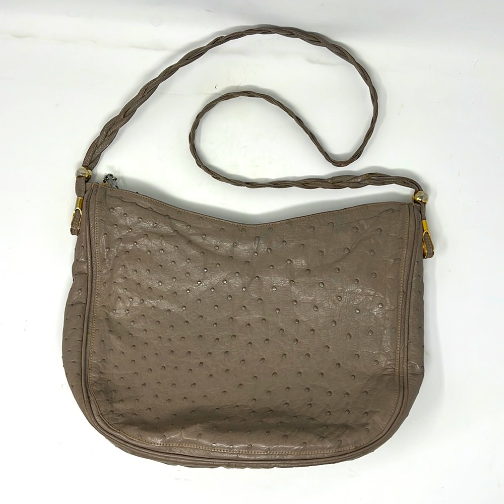 Lorenzi Milano Taupe Ostrich-Embossed Leather Crossbody Bag